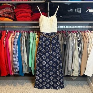 Lily Rose ivory/navy print belted adjustable strap lined maxi dress size M